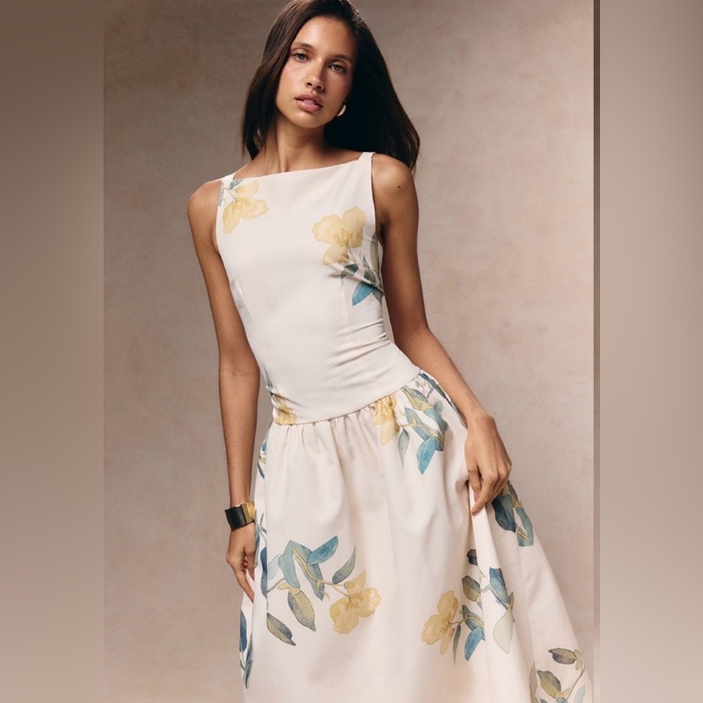 NWT PrettyLittleThing Yellow Floral Printed Dropped Waist Midaxi Dress